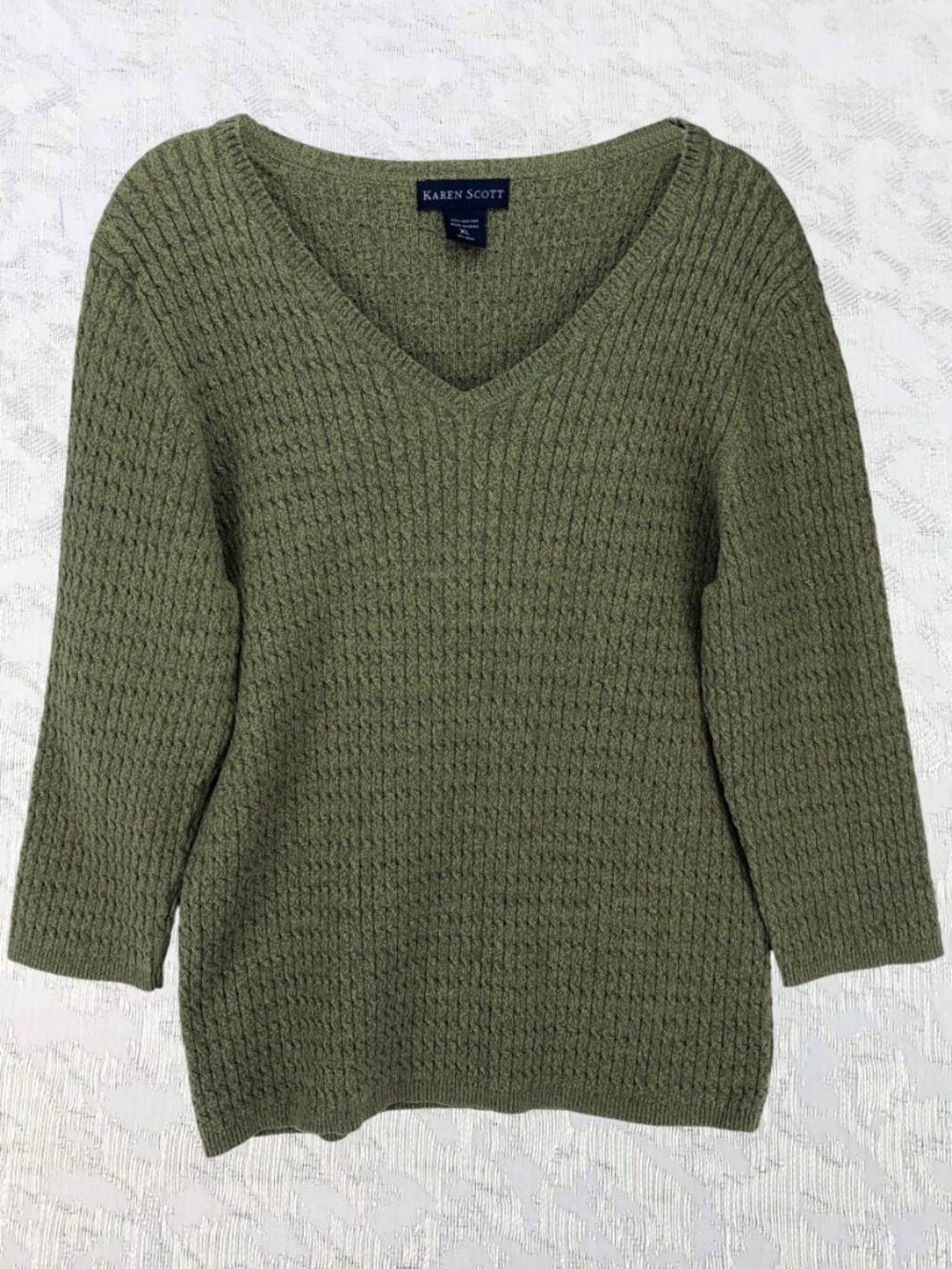 Karen Scott 100% Cotton Green Cable-Knit Pullover V-Neck Sweater Size XL
